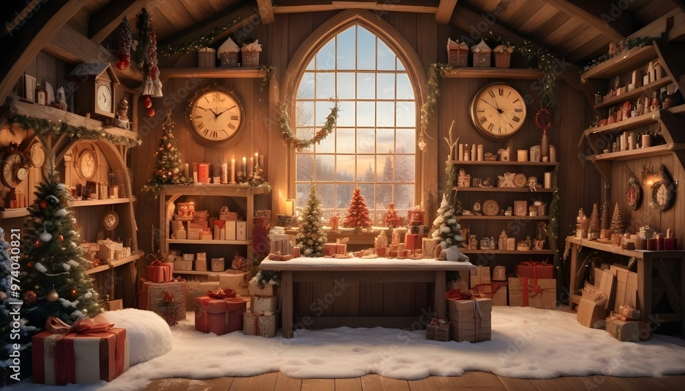 Obraz premium A cozy and festive Christmas workshop interior with wooden beams, clocks, shelves filled with holiday decorations and gifts, and a large arched window overlooking a snowy landscape.