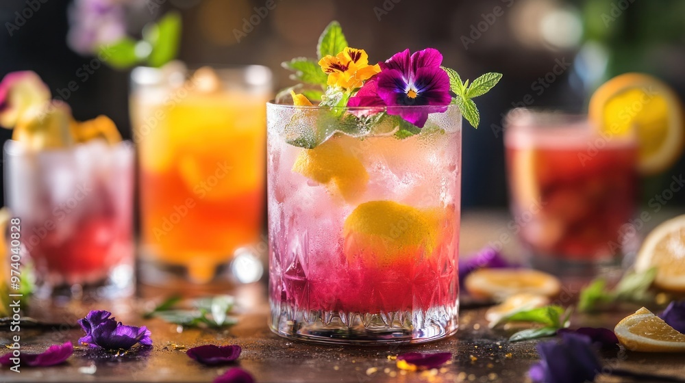 Fancy drinks presented in an upscale cocktail bar, with drinks garnished with edible flowers, citrus twists, and fresh herbs Fancy drinks presented in an upscale cocktail bar, with drinks garnished with edible flowers, citrus twists, and fresh herbs