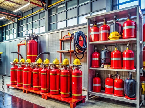 Wallpaper Mural A well-organized fire safety station with extinguishers, helmets, and manuals, highlighting essential equipment and Torontodigital.ca