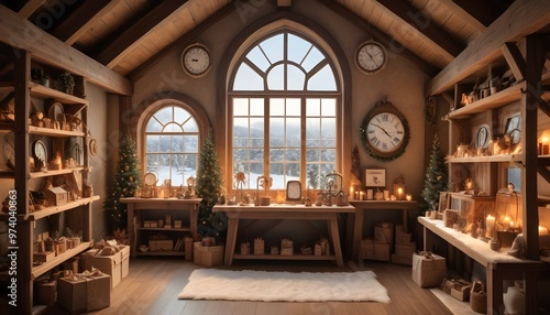 A cozy and festive Christmas workshop interior with wooden beams, clocks, shelves filled with holiday decorations and gifts, and a large arched window overlooking a snowy landscape.