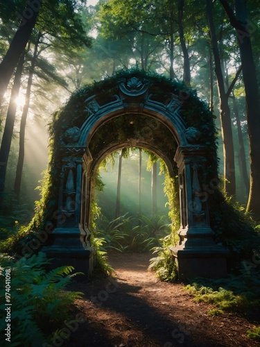 Enchanted forest archway with magical light shining through, creating a fairytale scene.