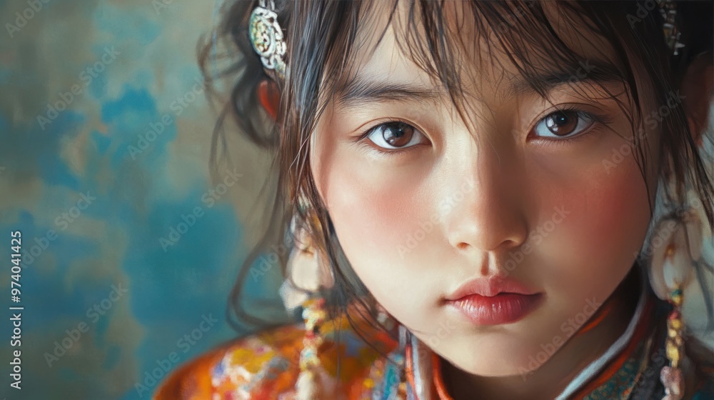 Fototapeta premium Fine art portrait of a Mongolian girl, with a focus on her expression and traditional dress, captured in a style that blends realism and impressionism