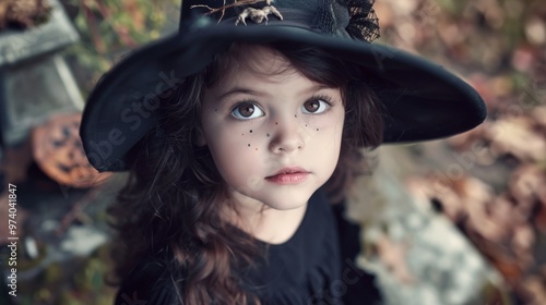 Close-up of little girl in a witch hat with spider decorations photo