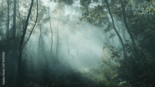 Foggy autumn morning in a dense forest, with mist weaving through the trees and soft, diffused sunlight creating a mystical atmosphere