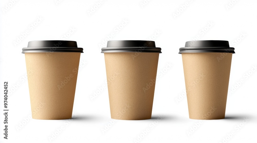 Three Blank Takeaway Coffee Cups in Various Sizes, Isolated Three Blank Takeaway Coffee Cups in Various Sizes, Isolated