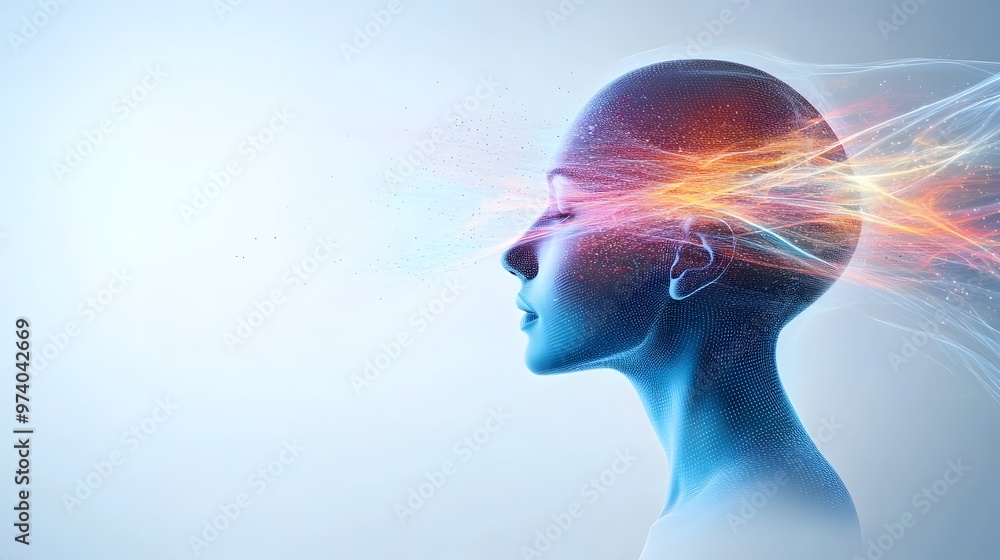 A futuristic representation of a human head with vibrant energy emanating, symbolizing creativity and mental transformation. A futuristic representation of a human head with vibrant energy emanating, symbolizing creativity and mental transformation.
