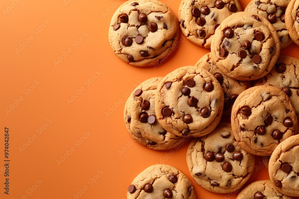 A pile of chocolate chip cookies on an orange background A pile of chocolate chip cookies on an orange background
