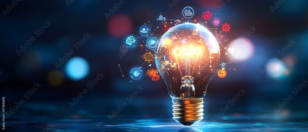 Illuminated light bulb with glowing symbols representing innovation, creativity, and inspiration on a dark background. Illuminated light bulb with glowing symbols representing innovation, creativity, and inspiration on a dark background.