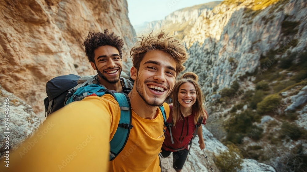 Friends hiking selfie on a narrow path overlooking a deep valley, everyone smiling and exhilarated Friends hiking selfie on a narrow path overlooking a deep valley, everyone smiling and exhilarated
