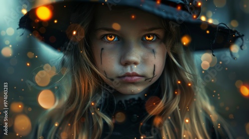 Girl with glowing eyes in a witch hat during Halloween photo