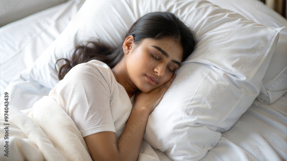 Top view of a young Indian woman sleeping soundly in a white bed.
Top view of a young Indian woman sleeping soundly in a white bed.