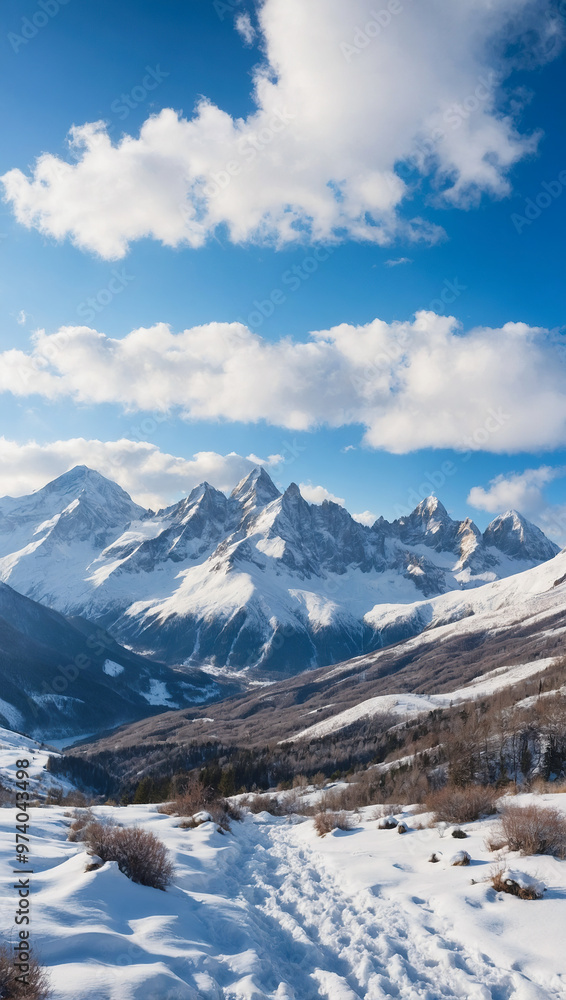 Vertical view of snow-covered mountain peaks with a clear blue sky and scattered clouds, highlighting the rugged terrain. Vertical view of snow-covered mountain peaks with a clear blue sky and scattered clouds, highlighting the rugged terrain.
