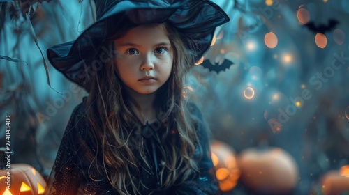 Little girl in a witch hat surrounded by pumpkins and glowing Halloween lights photo