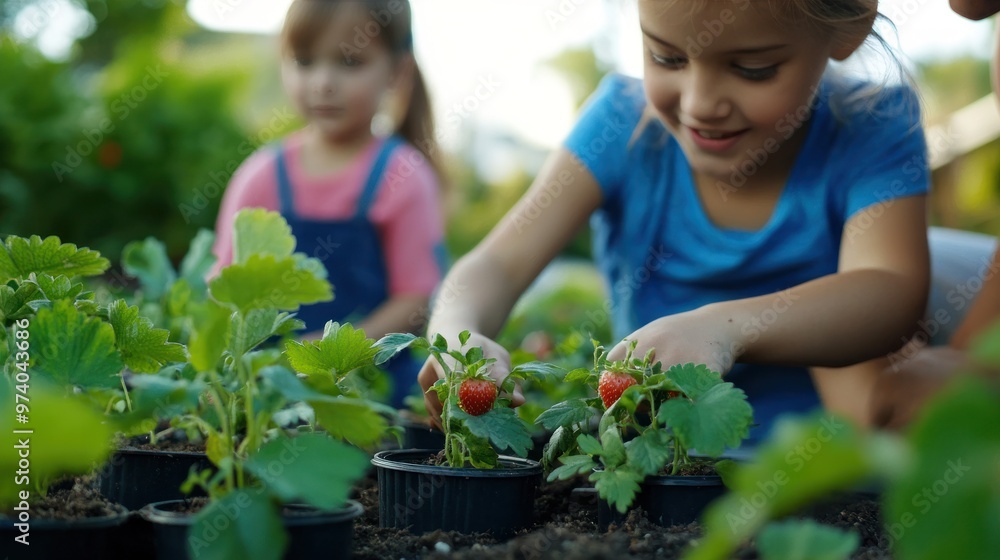 Gardening with kids, featuring a family planting strawberry seedlings together, fostering teamwork and learning about healthy eating Gardening with kids, featuring a family planting strawberry seedlings together, fostering teamwork and learning about healthy eating