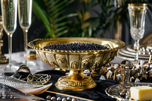 black caviar in a golden bowl on a white plate, a crudites dish with butter and herbs, a silver tray with glasses of champagne, a salt shaker, a vintage napkin for luxury dinner