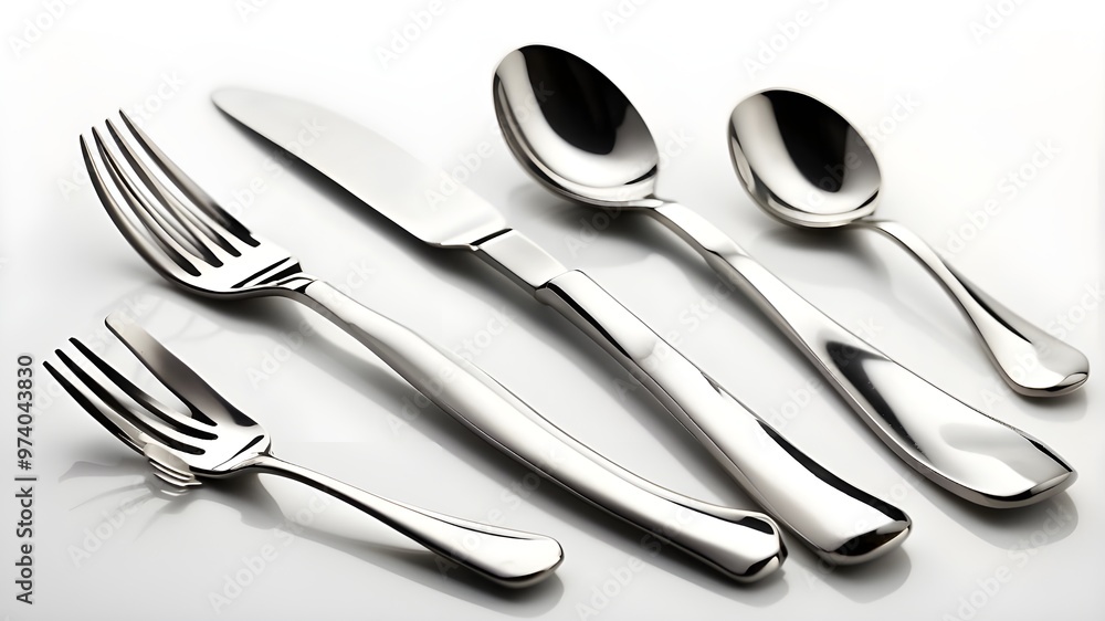 Fork, knife, and spoon in a shiny stainless steel cutlery set isolated on a white background. Ideal for usage in the kitchen and dining room Fork, knife, and spoon in a shiny stainless steel cutlery set isolated on a white background. Ideal for usage in the kitchen and dining room