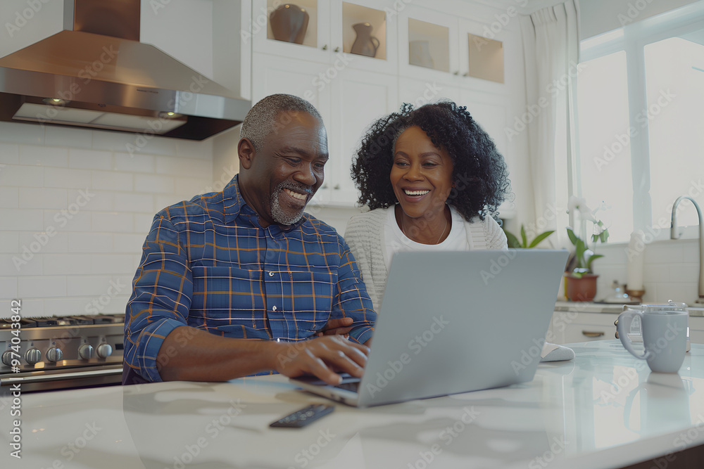 Black senior couple using laptop in kitchen at home, smiling and looking happy together while watching video on computer screen. A feeling of warmth and love between two people Black senior couple using laptop in kitchen at home, smiling and looking happy together while watching video on computer screen. A feeling of warmth and love between two people