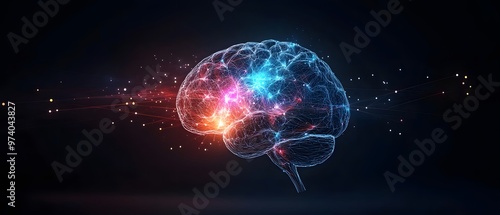 A vibrant depiction of a human brain illuminated with colorful lights, representing thoughts, ideas, and creativity. photo