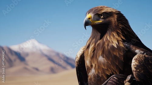 Golden eagle in Mongolia, perched on a hunter's arm, with its sharp eyes focused and wings slightly spread, set against a clear blue sky