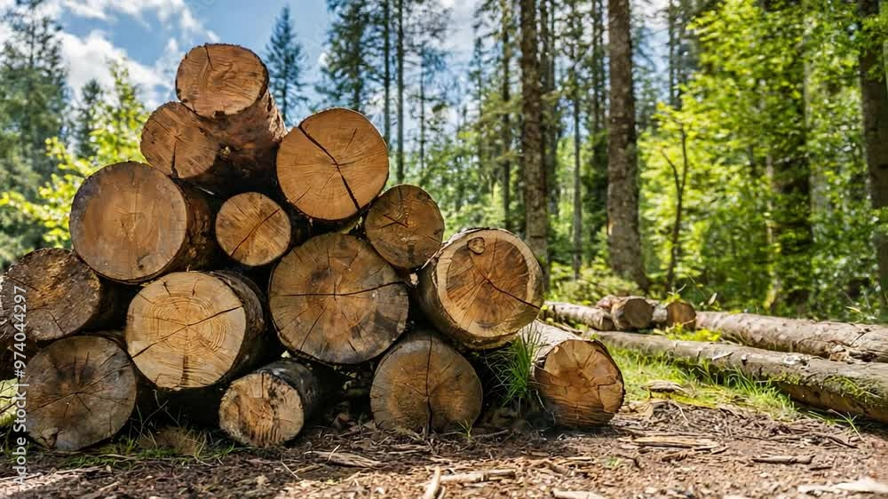 Logs neatly stacked at the base of a tree in a serene forest. Logs neatly stacked at the base of a tree in a serene forest.