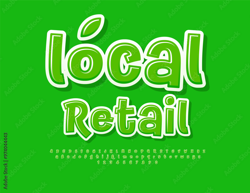 Vector business Advertisement Local Retail. Funny Glossy Font. Bright Green Alphabet Letters and Numbers set. Vector business Advertisement Local Retail. Funny Glossy Font. Bright Green Alphabet Letters and Numbers set.