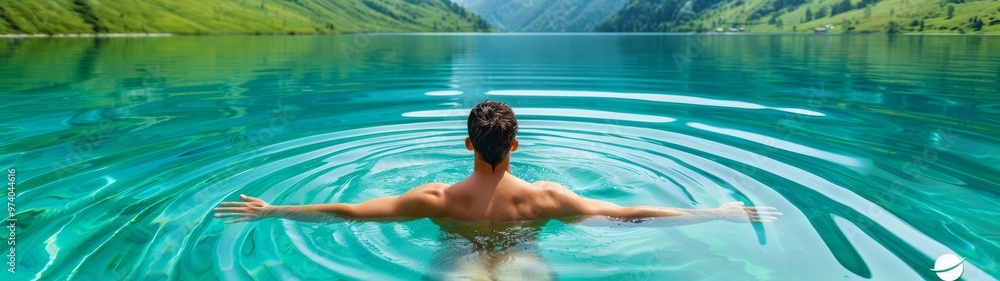 A serene scene of a person relaxing in clear, calm water surrounded by lush, green mountains and creating ripples with outstretched arms. A serene scene of a person relaxing in clear, calm water surrounded by lush, green mountains and creating ripples with outstretched arms.