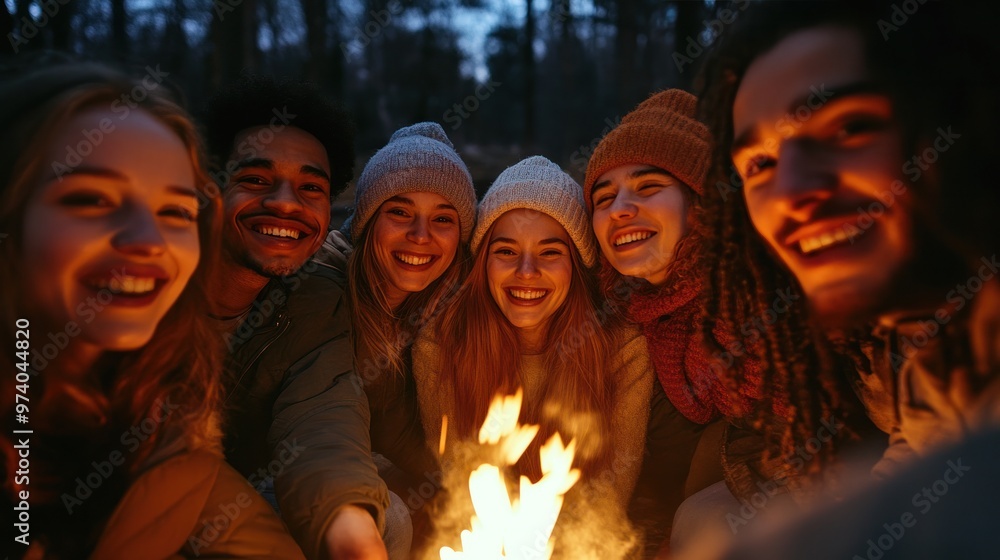 Fototapeta premium Group selfie of happy friends around a campfire at night, laughter and warm light creating a cozy vibe