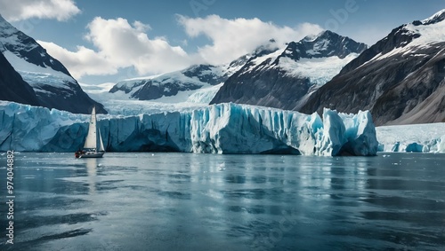 Sailboat in icy fjords with towering glaciers, watercolor style.