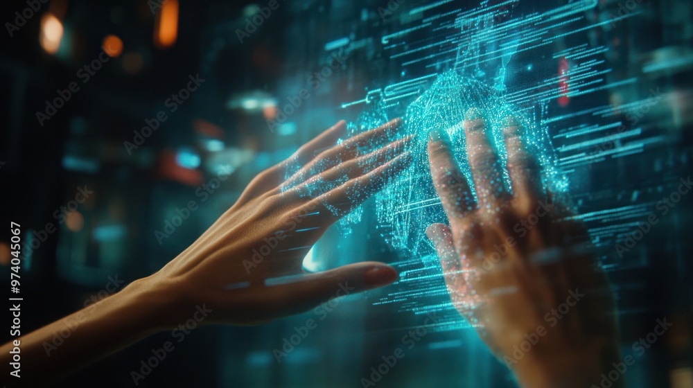Hands on virtual screen, a futuristic scene of hands interacting with a holographic smartphone interface, digital effects around Hands on virtual screen, a futuristic scene of hands interacting with a holographic smartphone interface, digital effects around