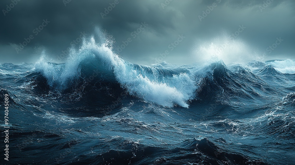 Dramatic ocean waves crashing under a stormy sky. Dramatic ocean waves crashing under a stormy sky.