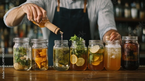 Handcrafted drinks, featuring a bartender using a wooden muddler to crush fresh ingredients, with jars of homemade infusions and syrups in the background