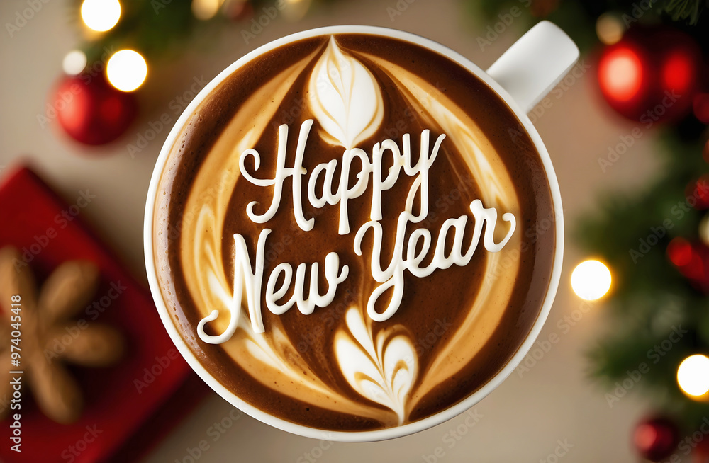 Happy new 2025 year coffee late art, barista macchiato, hot beverage drink, festive background, template