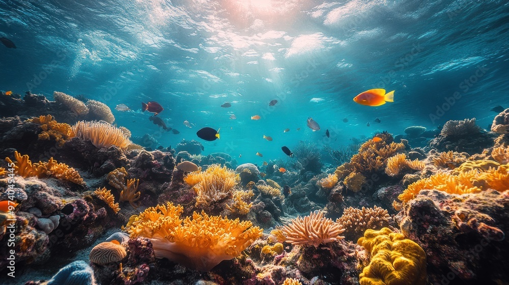 Fototapeta premium Vibrant underwater scene with coral reefs and colorful fish.