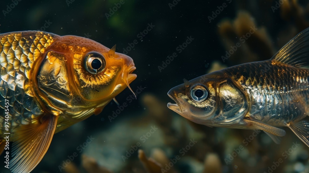 A small goldfish confronts a large shark beneath the waves of the ocean s depths A small goldfish confronts a large shark beneath the waves of the ocean s depths