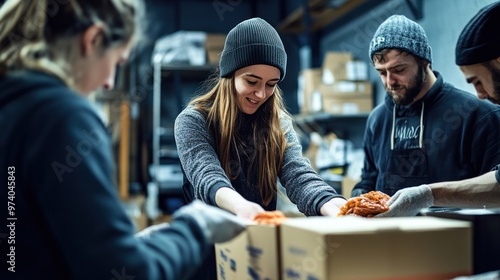 Helping others in a community setting, showing a group of people working together to distribute food at a local shelter, with a sense of teamwork and compassion