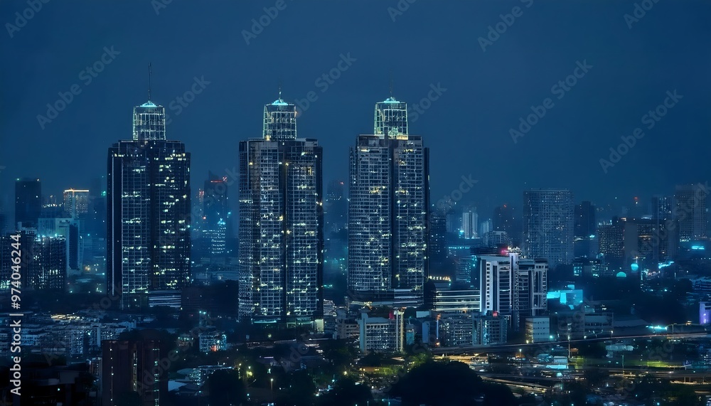 Aerial view of a bustling city at night. Skyscrapers lit up with countless lights contrast with the dark sky. Aerial view of a bustling city at night. Skyscrapers lit up with countless lights contrast with the dark sky.