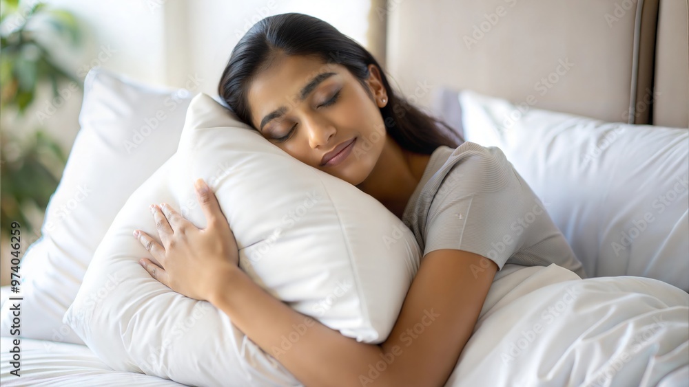 Young Indian woman hugging a white pillow while sleeping in bed.
Young Indian woman hugging a white pillow while sleeping in bed.