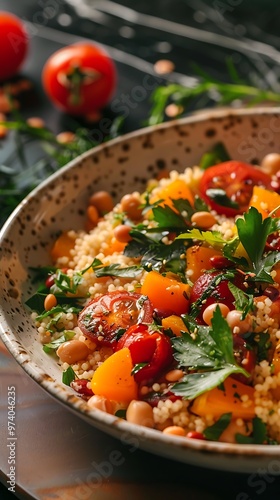 A bowl of food on a table with tomatoes, orange vegetables, herbs, and a few beans