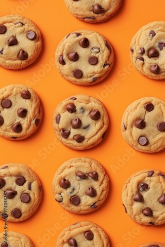 Chocolate chip cookies on an orange background