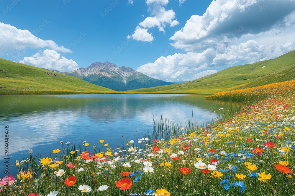 Obraz premium Beautiful mountain lake reflecting the sky on a sunny day with wildflowers blooming in the foreground
