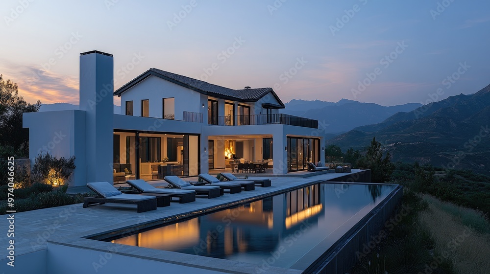 Obraz premium Beautiful luxury home with infinity pool reflecting milky way galaxy