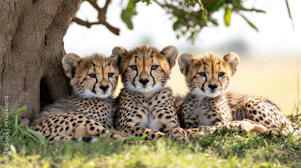 Cheetah family resting under a tree in the african savanna Cheetah family resting under a tree in the african savanna