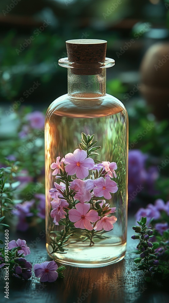 Glass bottle filled with essence, oil or perfume. Glass bottle filled with essence, oil or perfume.