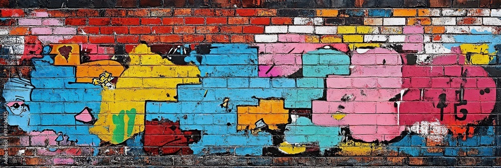 Naklejka premium A vibrant abstract graffiti artwork painted on a brick wall.