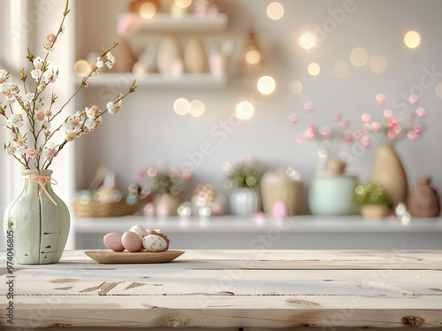 Empty wooden table top with blur bokeh background of spring and easter concept for product display montage, e-commerce backdrop design template, white wall interior with decorations on the shelf