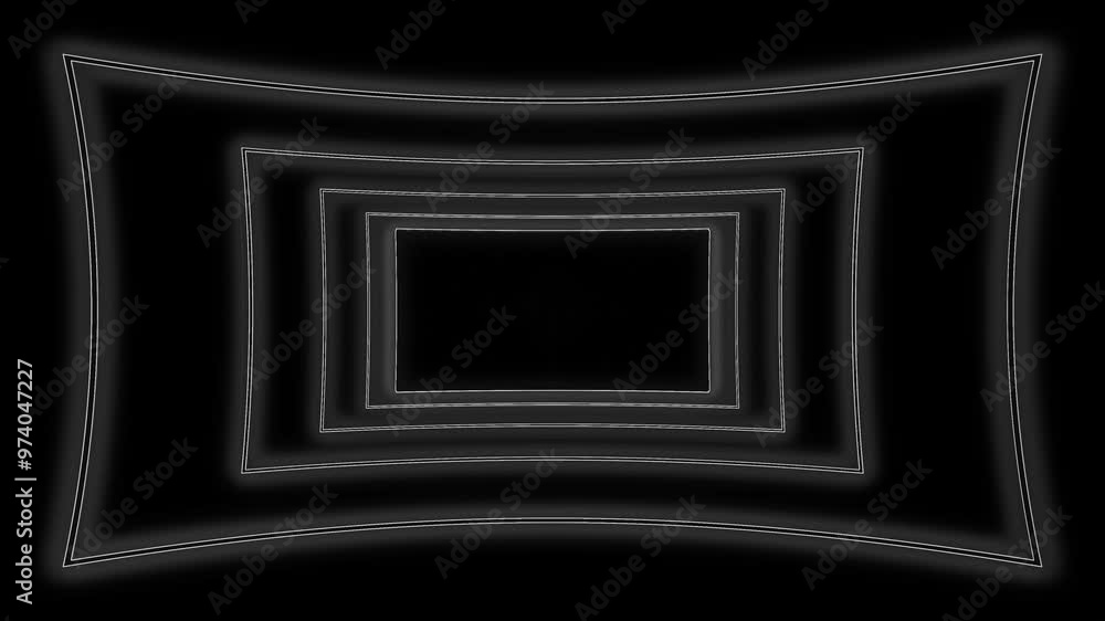 Black and white neon rectangles frames border zooming flying forward through rectangular corridor, long seamless looped tunnel animation rectangle frame border, appearing glowing 4k Black and white neon rectangles frames border zooming flying forward through rectangular corridor, long seamless looped tunnel animation rectangle frame border, appearing glowing 4k