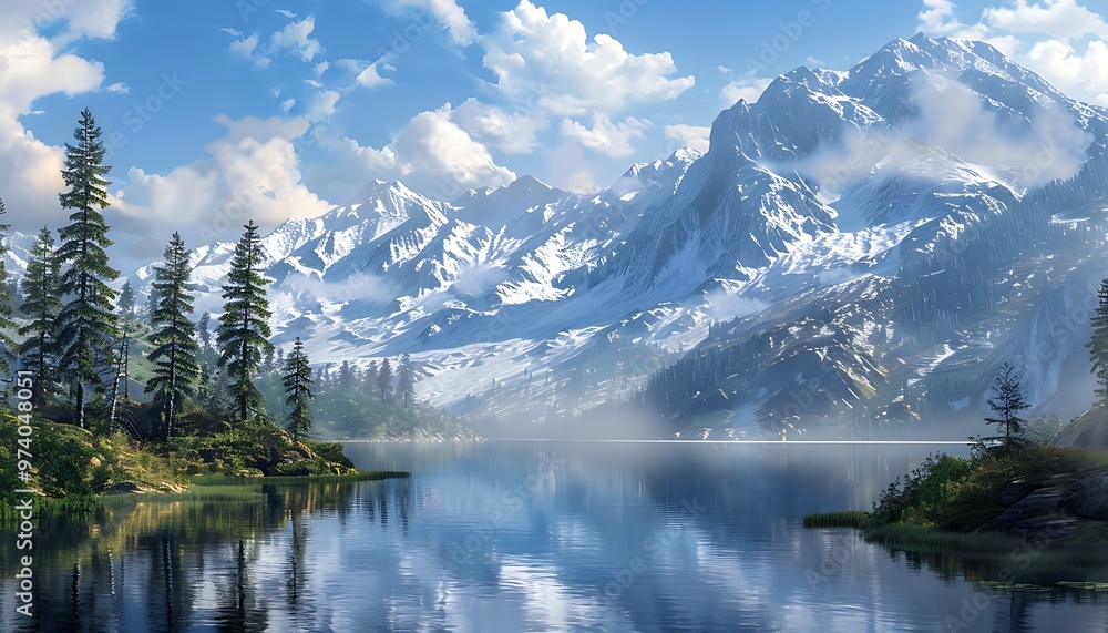 A lake surrounded by snow capped mountains A lake surrounded by snow capped mountains