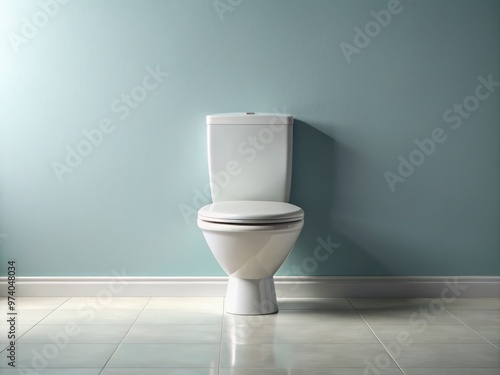 A white toilet with a modern design and a rounded lid, standing on a light-blue floor, surrounded by