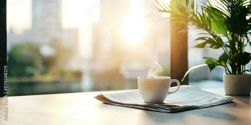 Simple yet inviting scene with a coffee cup and newspaper, symbolizing a tranquil start to the day, Morning tranquility, News and coffee Simple yet inviting scene with a coffee cup and newspaper, symbolizing a tranquil start to the day, Morning tranquility, News and coffee