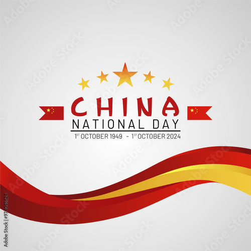 1st October 2024 China happy national day celebration greeting design. 3D Waving chinese flags and stars isolated on white background. Simple background and vector illustration of China photo